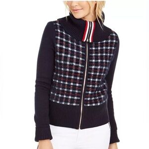 TOMMY HILFIGER Plaid Funnel Zip Front Sweater Jacket NEW Size XS